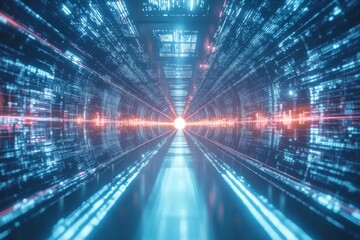 Abstract Data Stream Tunnel, Futuristic Digital Corridor with Bright Light at the End, Artificial Intelligence