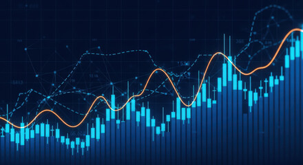 Abstract Financial Chart with Upward Trend Line Representing Stock Market Growth and Investment Success in Blue Tones for Economic Analysis and Data Visualization