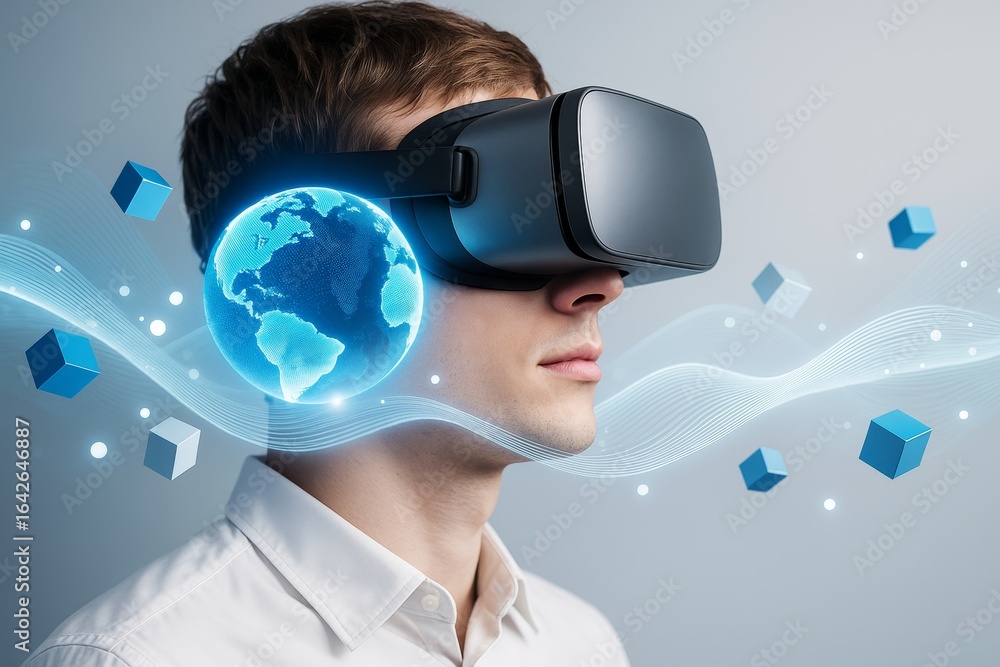 Poster man wearing virtual reality headset with digital globe and blue cubes on futuristic light background