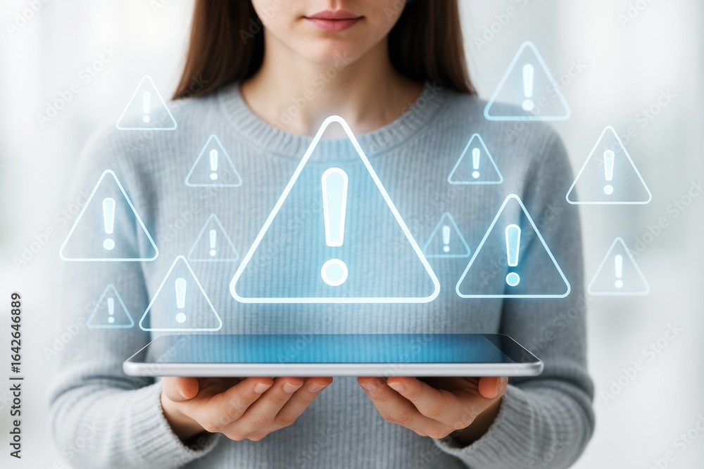 Poster woman holding tablet with floating digital warning icons indicating system error or cyber alert on l