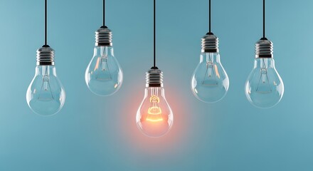 Five lightbulbs hanging, one is lit, representing a unique idea or solution