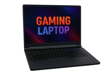Modern gaming laptop showing keyboard and screen on transparent background