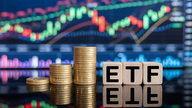 ETF Investment Growth Concept with Stacked Gold Coins and Stock Market Chart in Background
