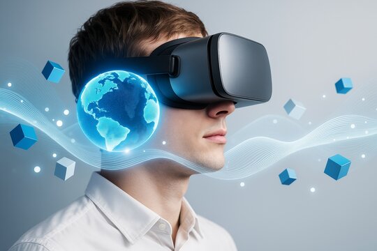 Man wearing virtual reality headset with digital globe and blue cubes on futuristic light background symbolizing global technology and innovation.