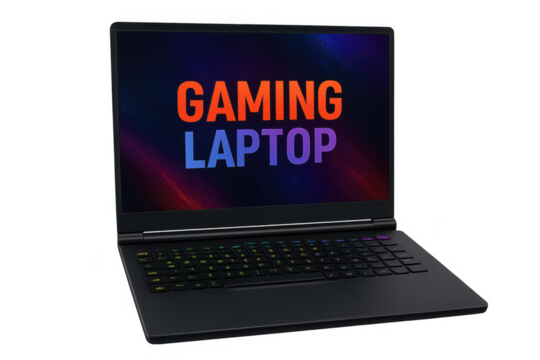 Modern gaming laptop showing keyboard and screen on transparent background