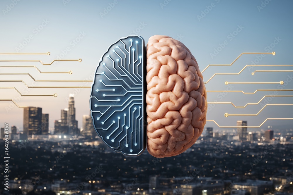 Poster artificial intelligence and human brain comparison concept with technology circuits and city backgro