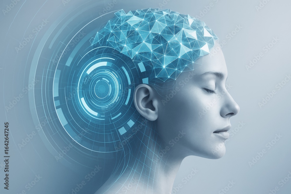 Poster futuristic concept of human mind connected to digital neural network with glowing polygons and tech 