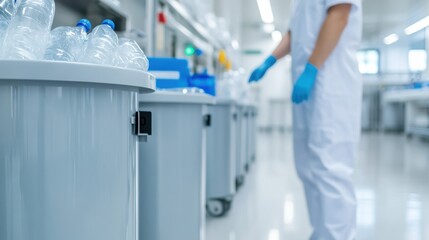 grey containers, filled with plastic bottles for eco-friendly disposal. Close up Foto. Standing in clean white industry hall. 
