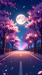 Scenic city street illuminated by streetlamps under vibrant pink cherry blossom trees with a bright full moon glowing in a clear night sky and falling petals