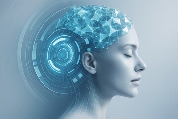 Futuristic concept of human mind connected to digital neural network with glowing polygons and tech interface on light abstract background.