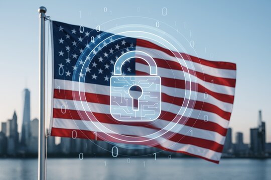 Cybersecurity concept with digital padlock icon over waving USA flag and city skyline in background depicting national data protection.