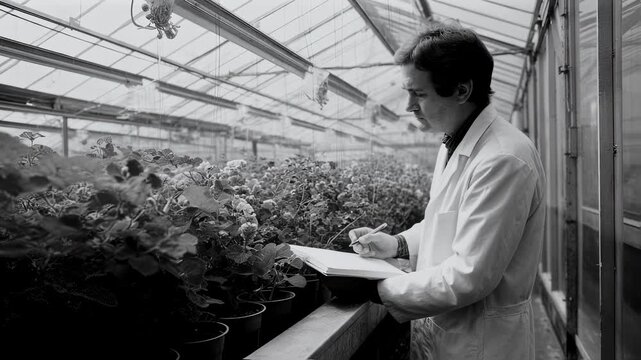 Side view of a scientist in a white lab coat recording observations in a field notebook while inspecting flowering plants under controlled greenhouse conditions.