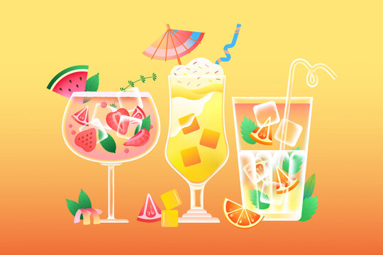 Refreshing summer cocktails with fruit slices and crushed ice