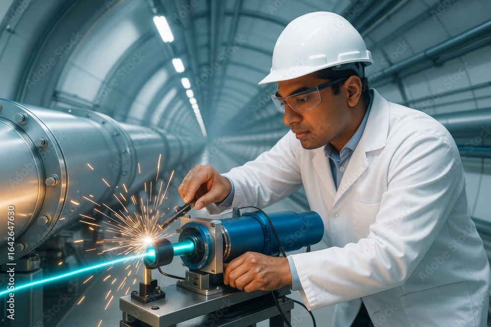 Poster scientist in lab coat working with high-tech laser device in futuristic tunnel, blue lighting and sp