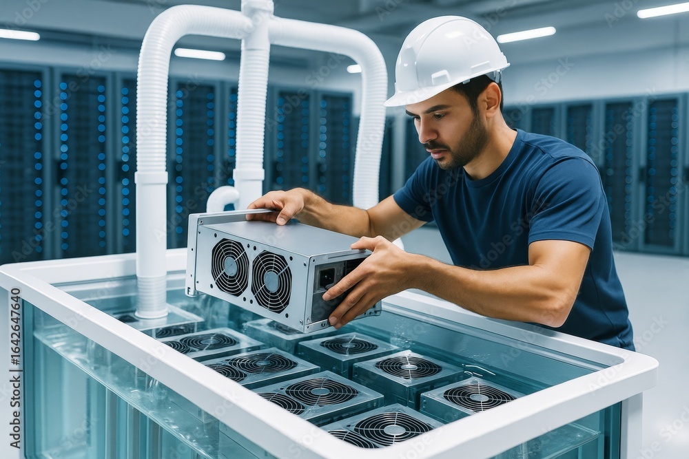 Poster technician immerses mining hardware into liquid cooling tank in high-tech server room, showing advan