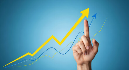 Upward Trend and Business Growth Concept Hand Pointing to Rising Arrows on a Blue Background Symbolizing Progress, Achievement, and Positive Financial Performance