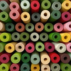 Colorful Rolled Paper Tubes Arranged in a Symmetrical Pattern for Craft and Design Concepts