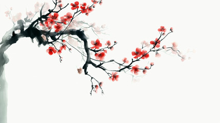 홍매화 꽃을 그린 동양화-Oriental painting of red plum blossoms