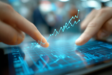 Close-Up of Hands Interacting with a Digital Financial Growth Chart on a Tablet