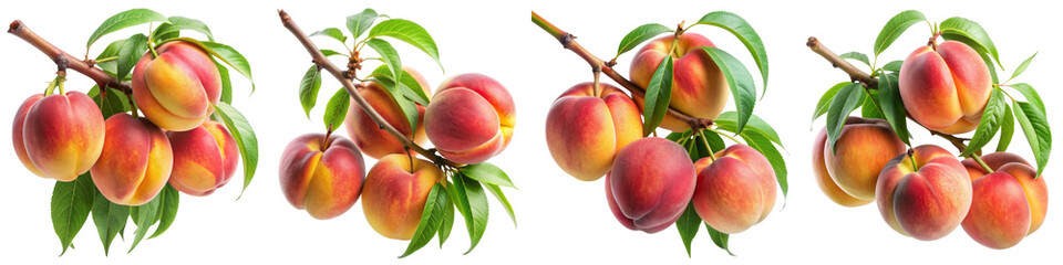 Four Peach Branches Isolated on Transparent Background, Fruit, Clipart, Fresh, Peaches, Farm