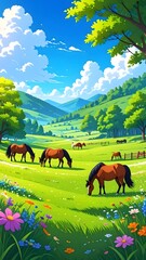Fototapeta premium Vibrant scenic landscape with lush green meadows colorful wildflowers grazing horses under bright blue sky with fluffy clouds in rolling hills and distant mountains