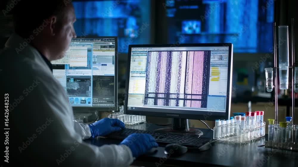 Poster scientist in a forensic lab reviews dna test results on a computer screen compiling detailed case fi