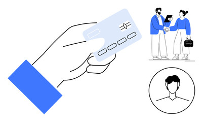 Hand holding credit card, two professionals meeting with documents and briefcase, user profile circle. Ideal for online payment, business transaction, partnership, identity verification, networking