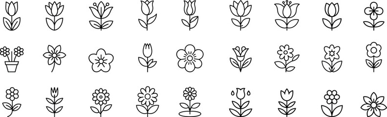 Flower line icon set. Silhouettes, Abstract flower icon. Vector thin linear illustration.
