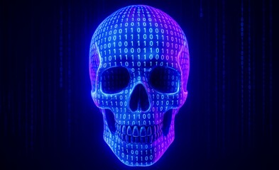 Digital Skull Binary Code. Glowing skull with binary code texture in neon blue and purple cyberpunk theme.