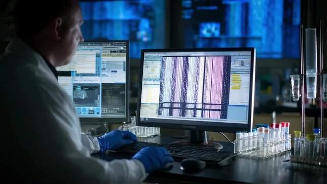 Scientist in a forensic lab reviews DNA test results on a computer screen compiling detailed case findings for legal review.