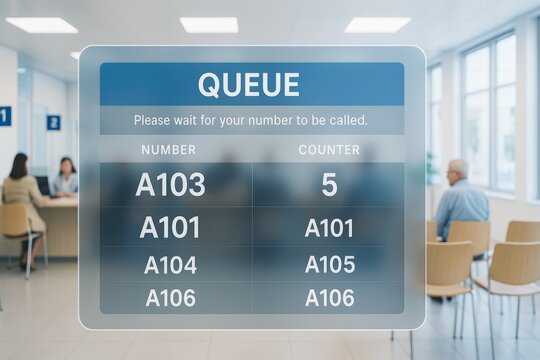 Digital Queue Display. Transparent digital screen showing queue numbers in modern waiting area.