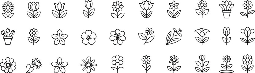 Flowers line icons set. vector illustration, plants - rose, tulip, daisy bouquet, sunflower, lotus, chamomile, dandelion, chrysanthemum.