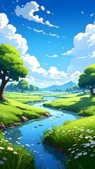 Vibrant scenic landscape with flowing river lush green trees bright blue sky fluffy clouds rolling hills and detailed natural environment perfect for relaxation