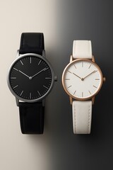 High-end studio shot of minimalist couple watches, black and white straps, steel and rose gold cases, gradient background from ivory to grey.