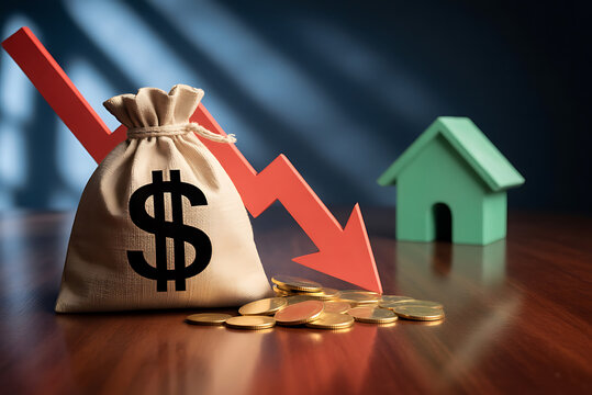 Housing Market Value Decline with Falling Prices,Concept image showing a money bag, coins, and a small house model with a red downward arrow, symbolizing a drop in real estate prices.

