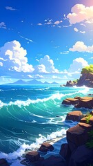 Vibrant anime style coastal scene featu colorful sky bright sunlight shiny clouds crashing waves rocky shoreline lush greenery with detailed sky and ocean view
