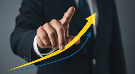 Guiding Business Growth A Professional's Touch on Ascending Arrows Symbolizing Strategic Direction and Market Success in Corporate Development