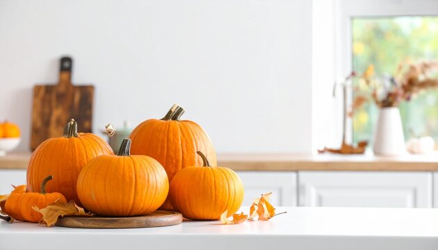 Pumpkins and autumn leaves on a kitchen counter creating a seasonal display