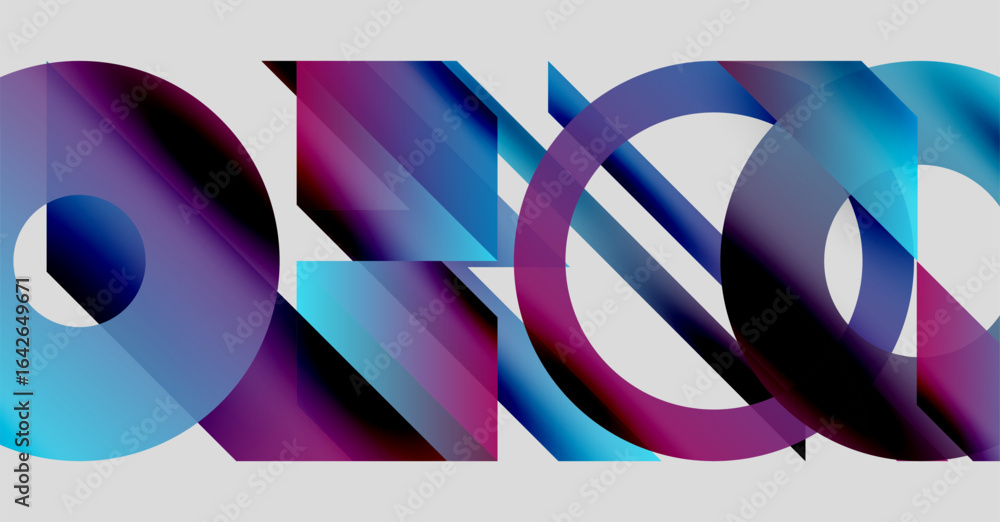 Poster abstract composition. overlapping shapes, vibrant blues, purples create dynamic visual experience. m