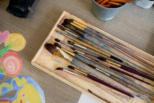 Top view of different sizes of brushes in a box