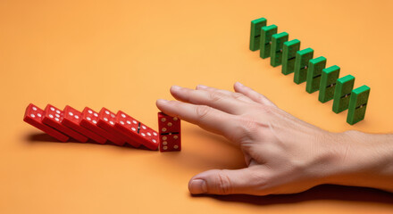 Preventing Domino Effect: Hand Stopping Red Dominoes While Green Dominoes Stand Tall on Orange Background Representing Risk Management and Stability