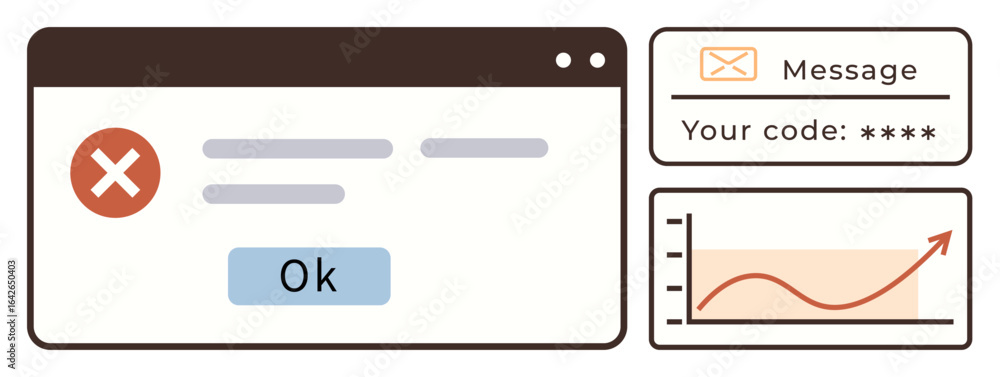 Poster error popup with dismiss button, secure otp field, and upward-trending analytics chart. ideal for te
