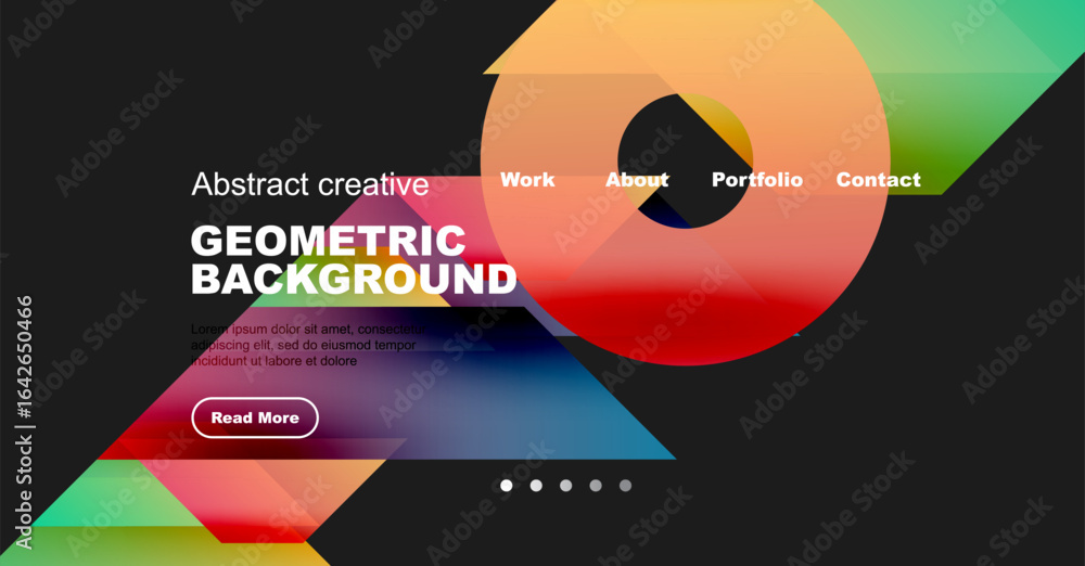 Poster modern website mockup features vibrant geometric shapes, text overlays, navigation menu. dark backgr