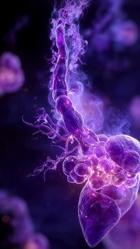3D animation of metabolic imbalance as purple fog rises from pancreas and liver illustrating ketone acid accumulation.