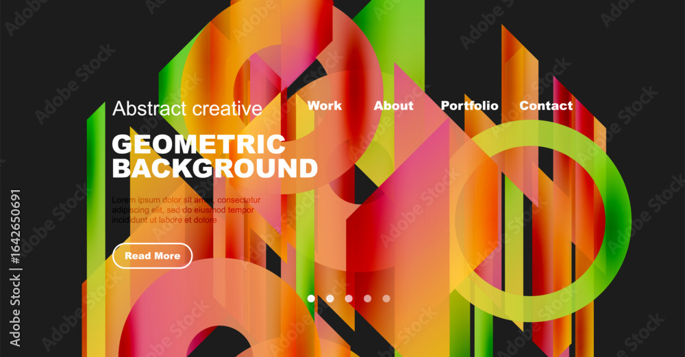 Poster vibrant abstract geometric background. website header features colorful shapes, text, navigation opt