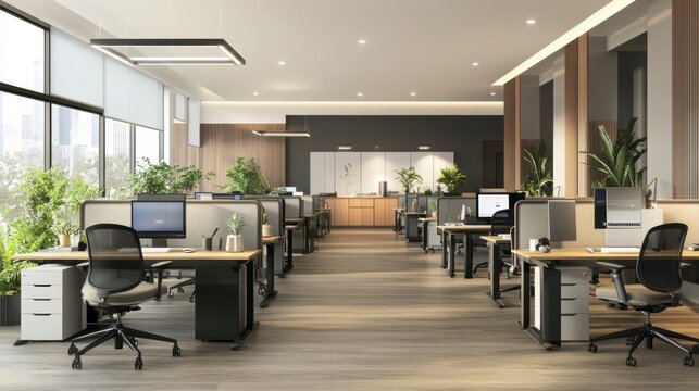The modern open-plan office with a clean, organized layout. The workspace features rows of individual desks equipped with computers and ergonomic office chairs, separated by privacy screens.