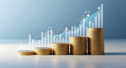 Financial Growth Chart with Stacked Coins and Upward Trend Line for Investment Success and Wealth Accumulation in a Thriving Economy