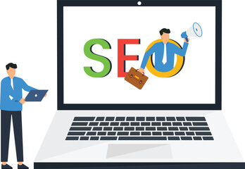 SEO Concept Depicted with Laptop and Business People, Digital Marketing Illustration, successful business, SEO concept, business strategy, online advertising, marketing strategy, search engine,