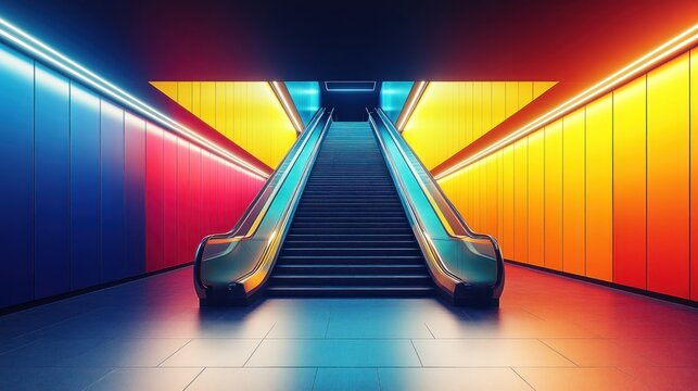 Vibrant colorful escalator in a modern tunnel - Powered by Adobe