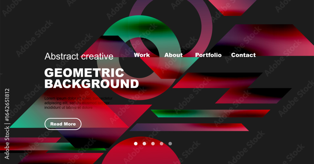Poster abstract design features geometric shapes, vibrant colors, text elements. website header with naviga